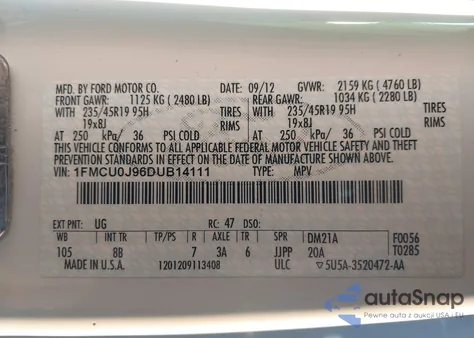 2013 Ford Escape Titanium z USA, uszkodzony, nr VIN 1FMCU0J96DUB14111